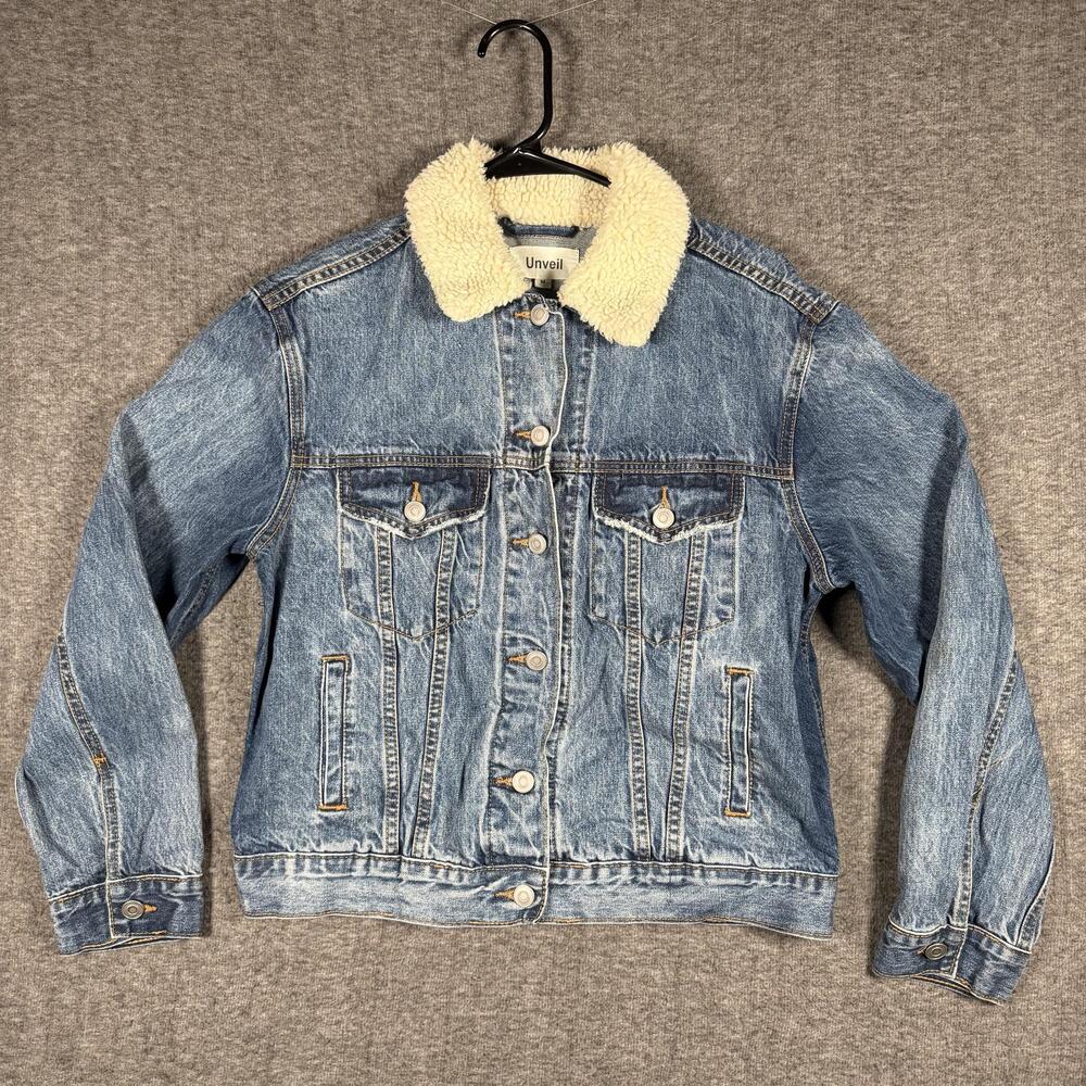 Unveil Jacket Womens Medium Blue Denim Sherpa Collar Bomber Casual Button Front